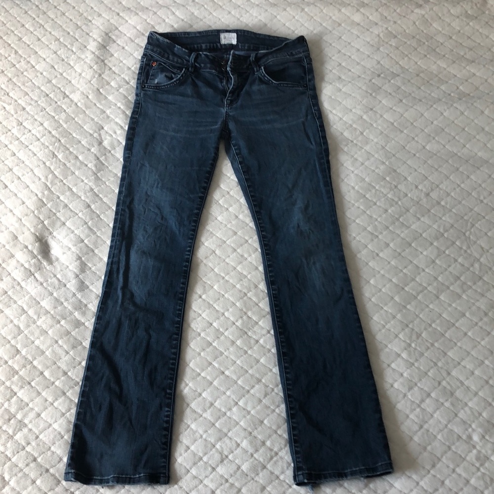 Hudson low rise strength leg dark wash denim.